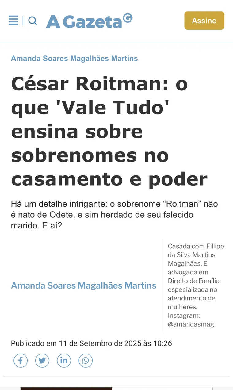 Página do artigo César Roitman: o que Vale Tudo ensina sobre sobrenomes no casamento e poder, publicado em A Gazeta